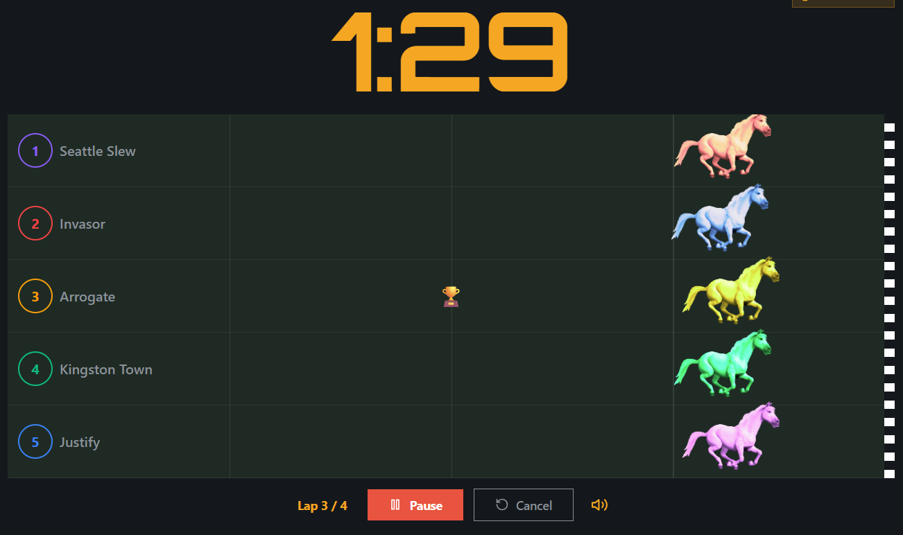 Horse race countdown timer in progress — horses racing toward the finish line with a large yellow countdown display