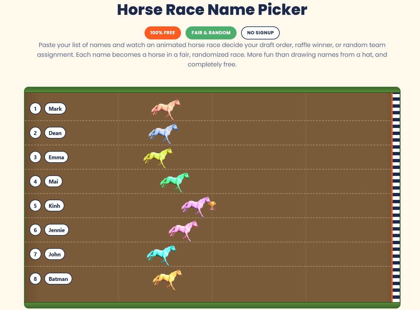 Horse race name picker — free online random name picker tool showing an animated horse race to pick draft order, raffle winners, and random team assignments
