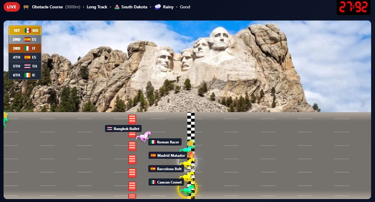 Online horse race simulator showing custom DIY virtual race with obstacle course track in South Dakota featuring Mount Rushmore background - Free animated horse racing game with live race timer